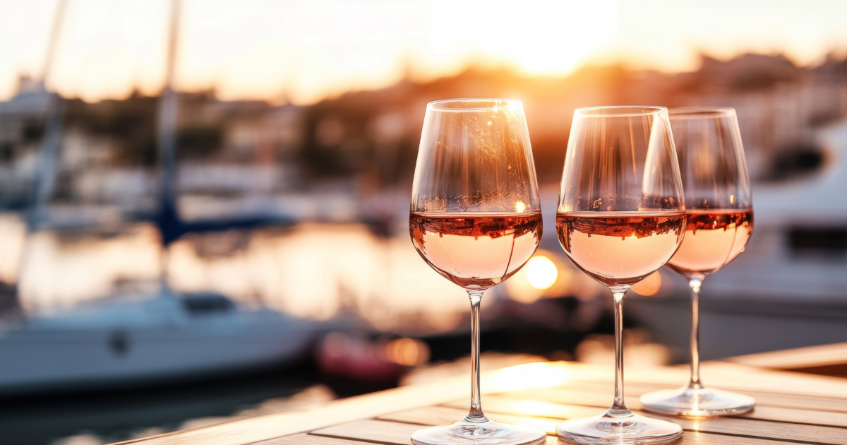 Three glasses of rosé wine on a dockside table at sunset, with sailboats and a marina in the blurred background—capturing the relaxing, upscale atmosphere of a Brigantine, NJ vacation, perfect for ShoreSummerRentals.com.