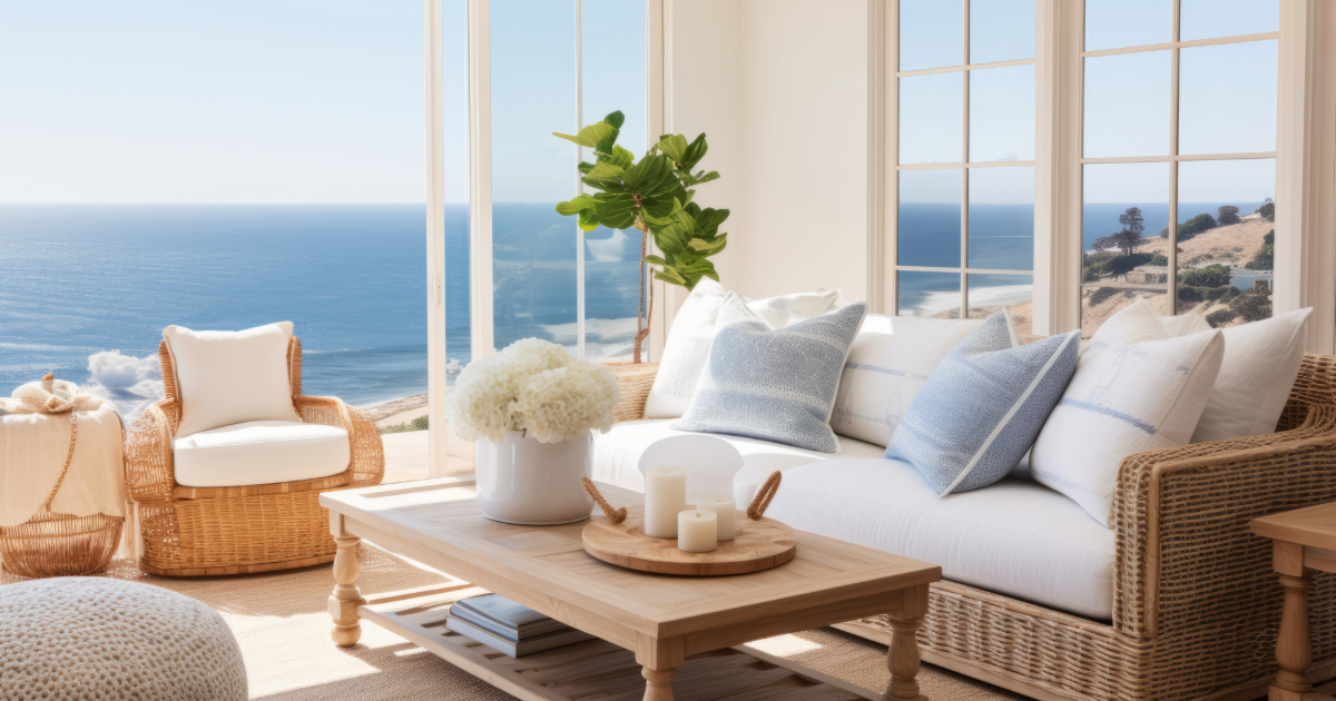 Bright and airy coastal living room in a Brigantine, NJ vacation rental, featuring wicker furniture, ocean-inspired decor, and panoramic views of the beach and Atlantic Ocean—perfect for highlighting premium ShoreSummerRentals.com properties.