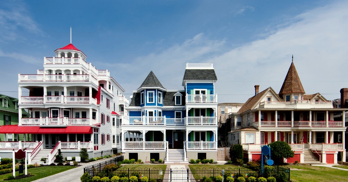 Beautiful example of Cape May’s Victorian architecture with colorful historic homes and intricate detailing.