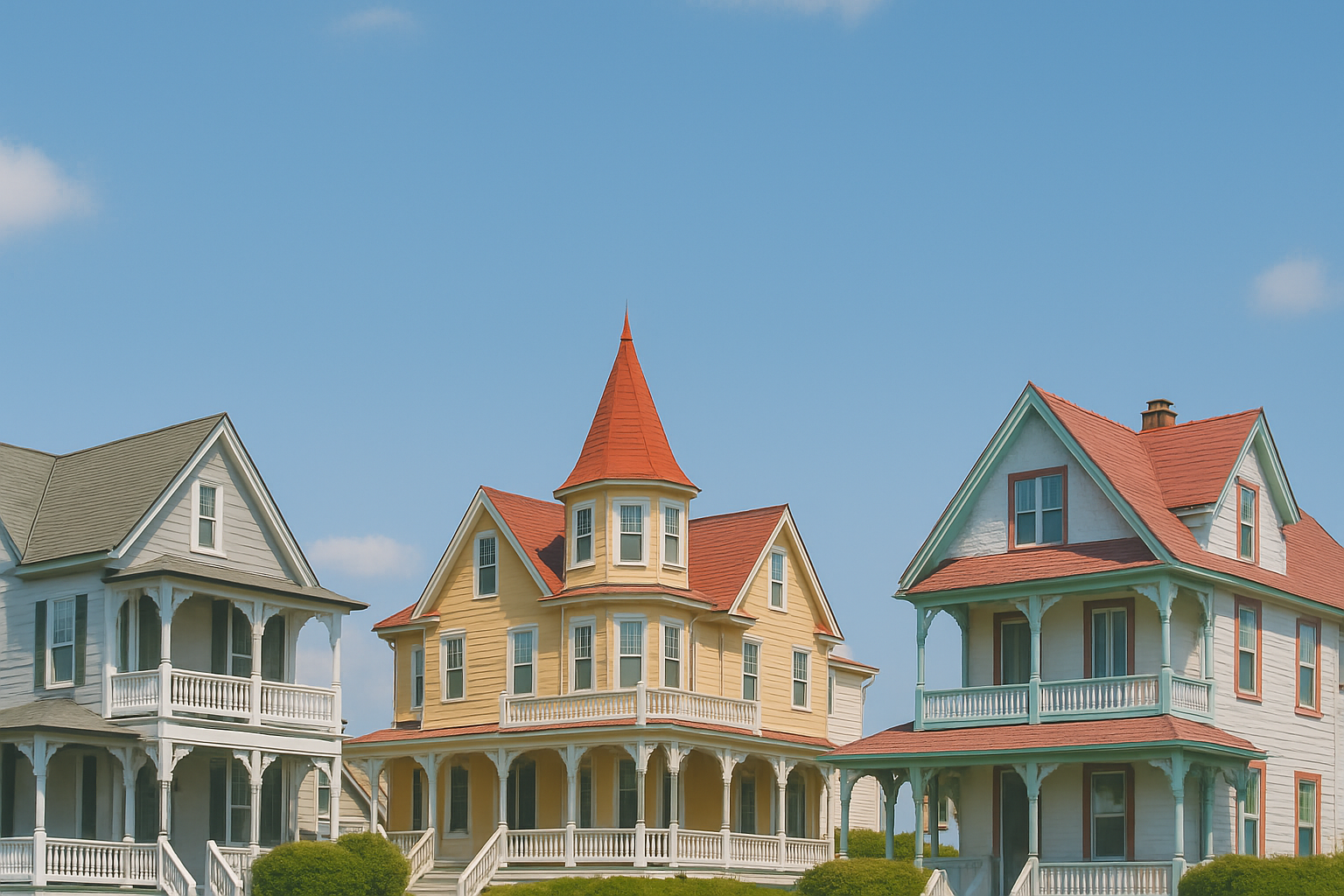 Charming Victorian homes representing Cape May vacation rentals with colorful architecture and wraparound porches, perfect for showcasing Cape May beach rentals and summer getaway options.