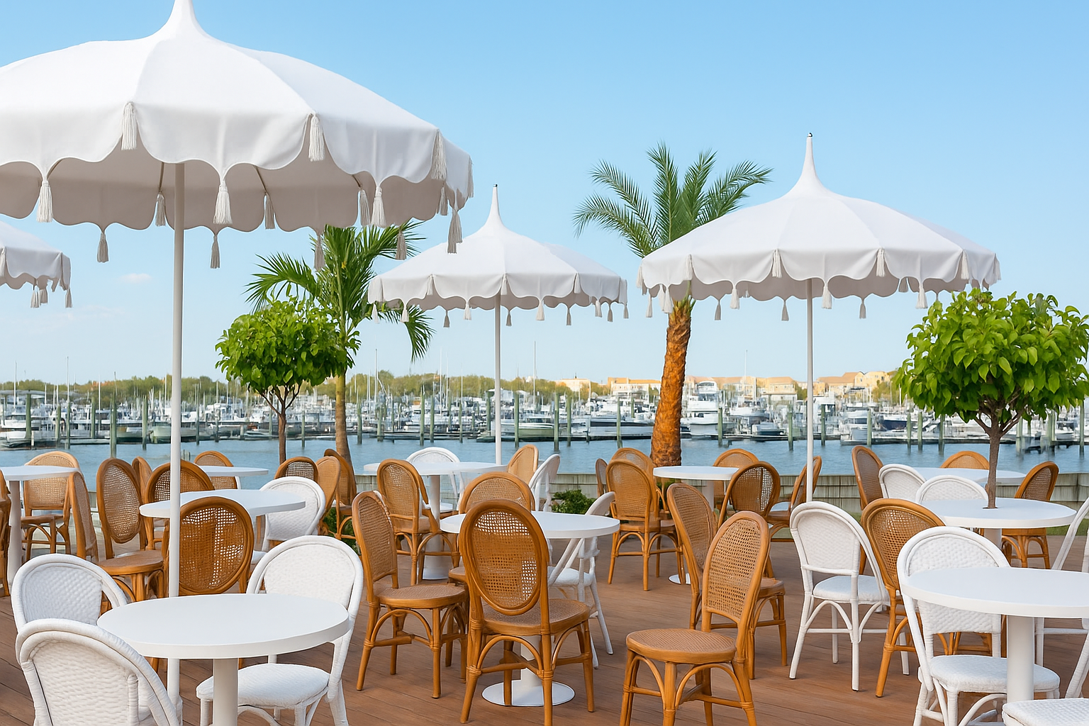 Outdoor dining setup at a coastal restaurant in Cape May with ocean views, showcasing popular Cape May dining options.