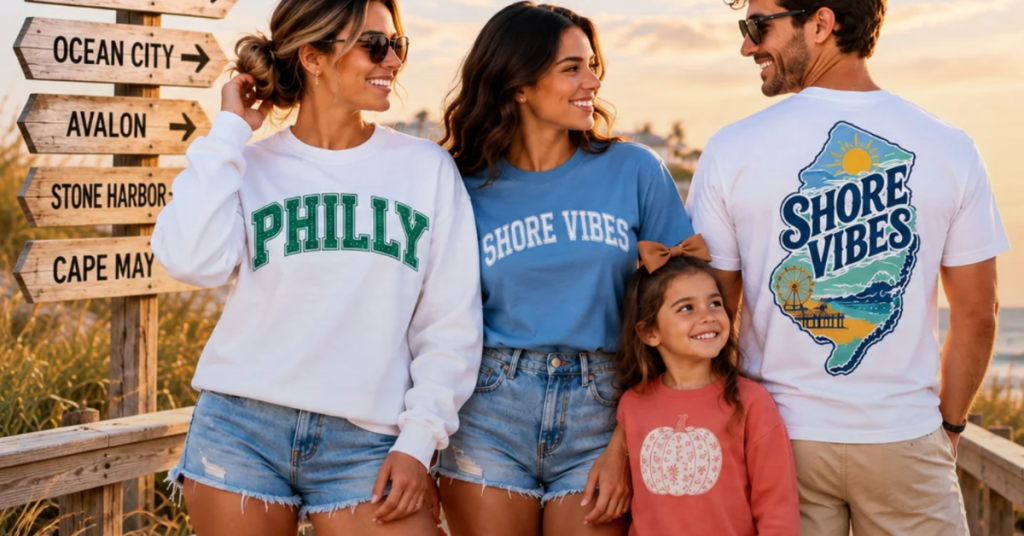 Family in Philly and Shore Vibes by Maria sweatshirts and tees beside a signpost for Ocean City, Avalon, Stone Harbor and Cape May on a fall Jersey Shore weekend.