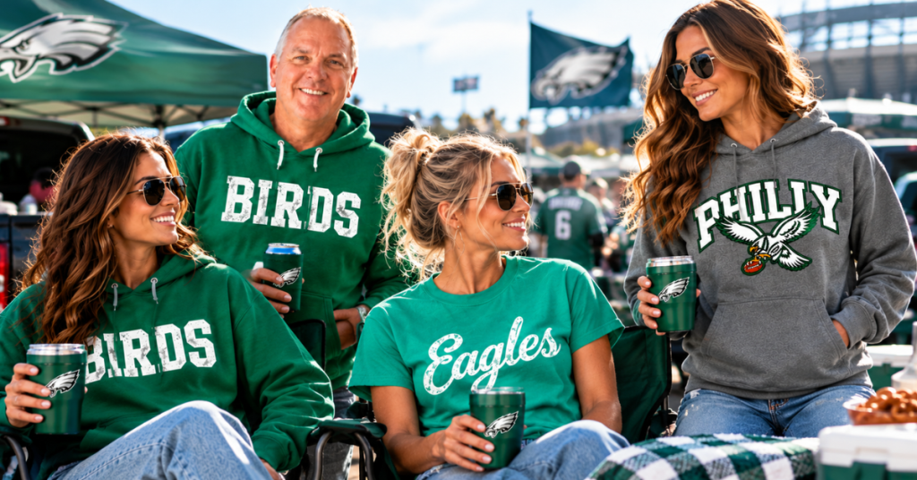 Four Philadelphia football fans wearing green and gray Philly game-day hoodies and T-shirts at an outdoor tailgate party.