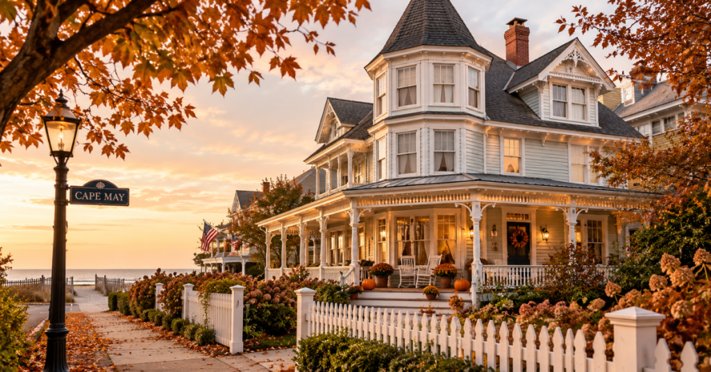 Victorian Cape May rental home with a wraparound porch, pumpkins and fall foliage near the beach. Book your fall Jersey Shore weekend direct and save up to 20%.